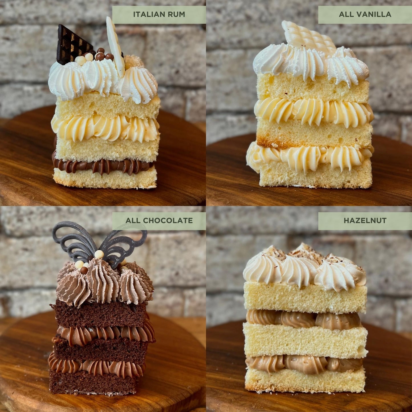 Side view of 4 flavours of cake