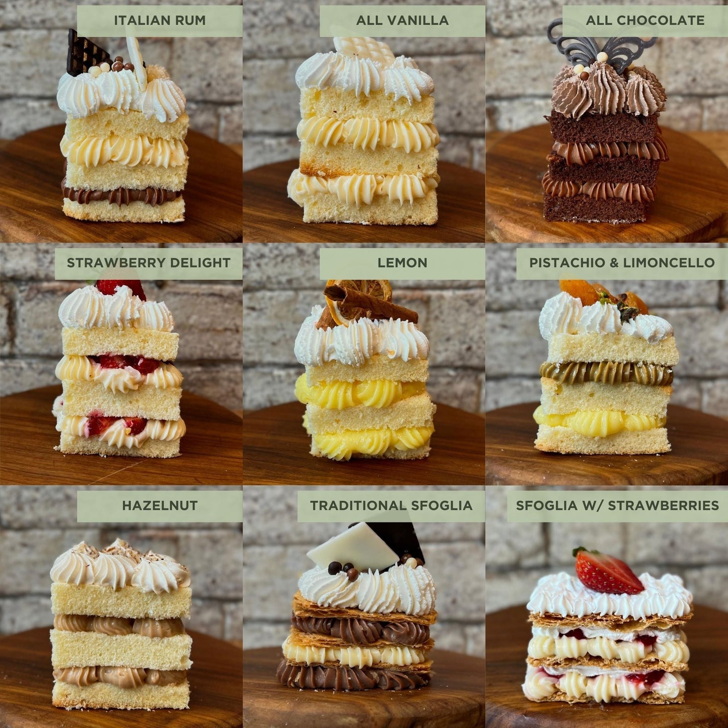 Side view of 9 flavours of cake