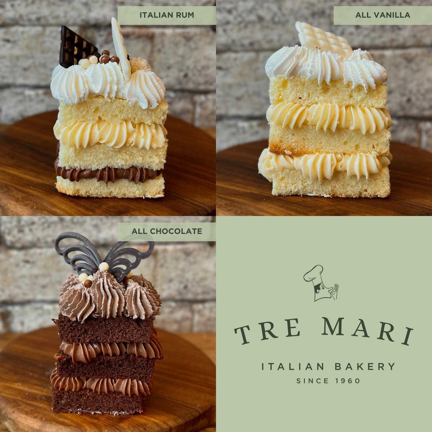 Side view of 3 flavours of cake