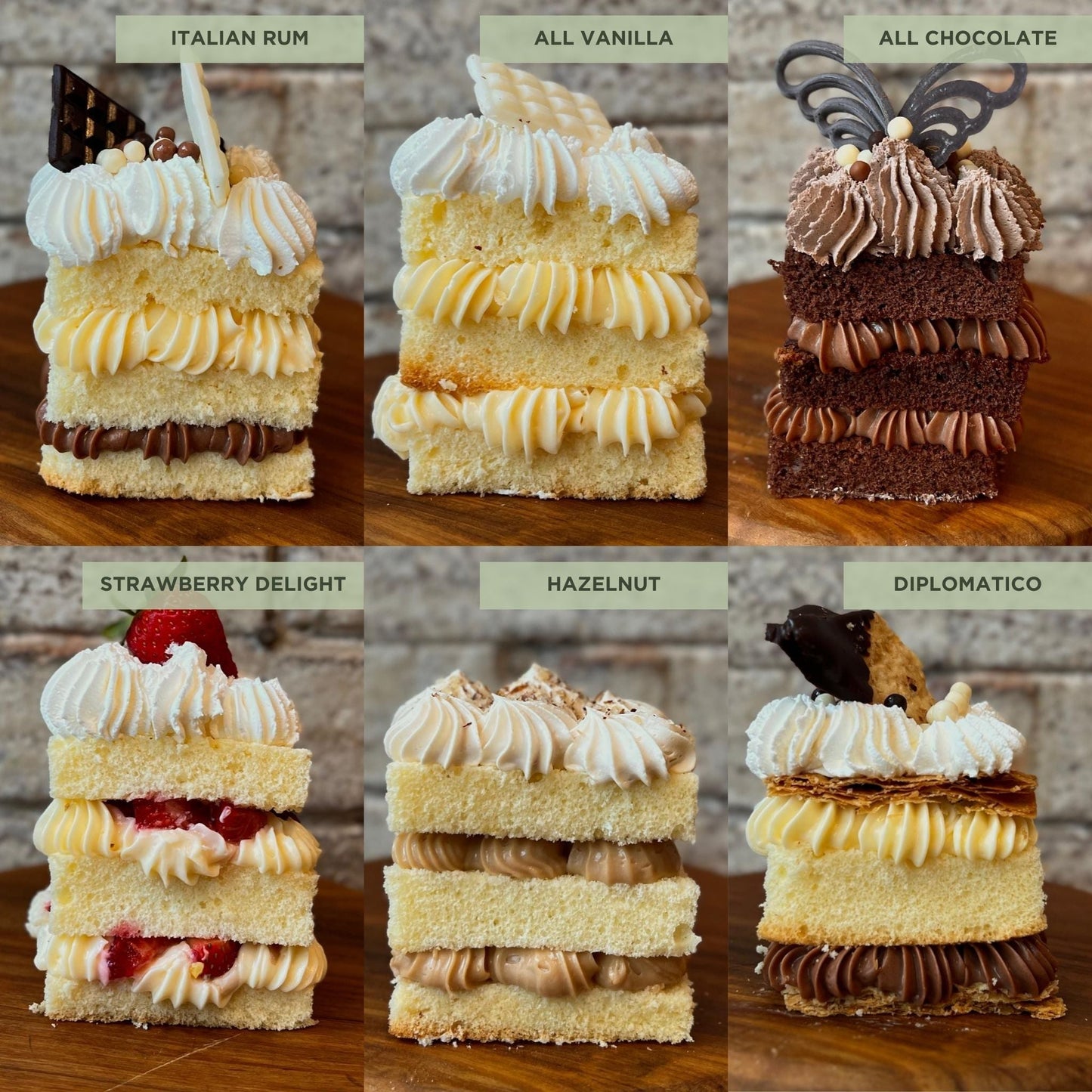 Side view of 6 flavours of cake