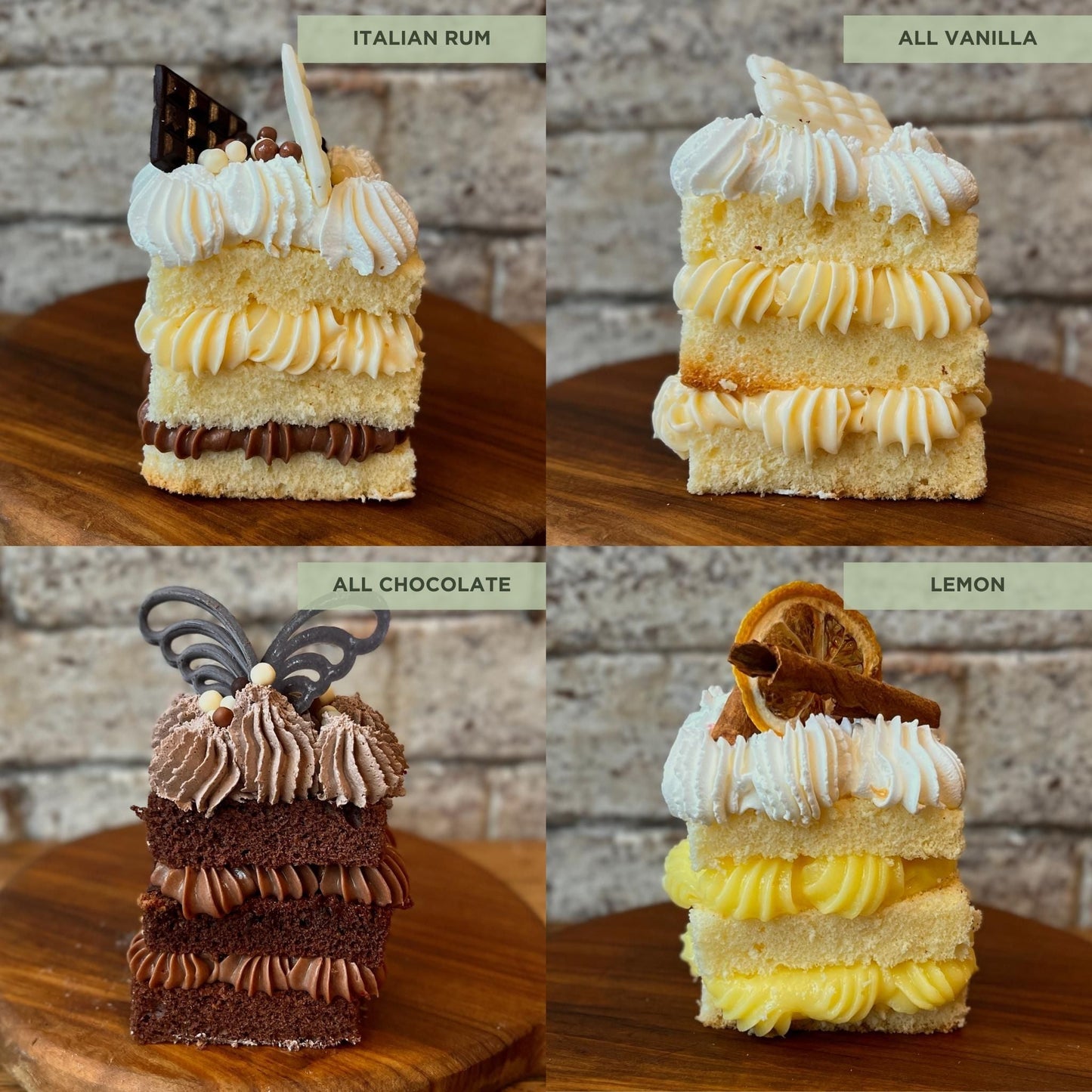 Side view of 4 flavours of cake