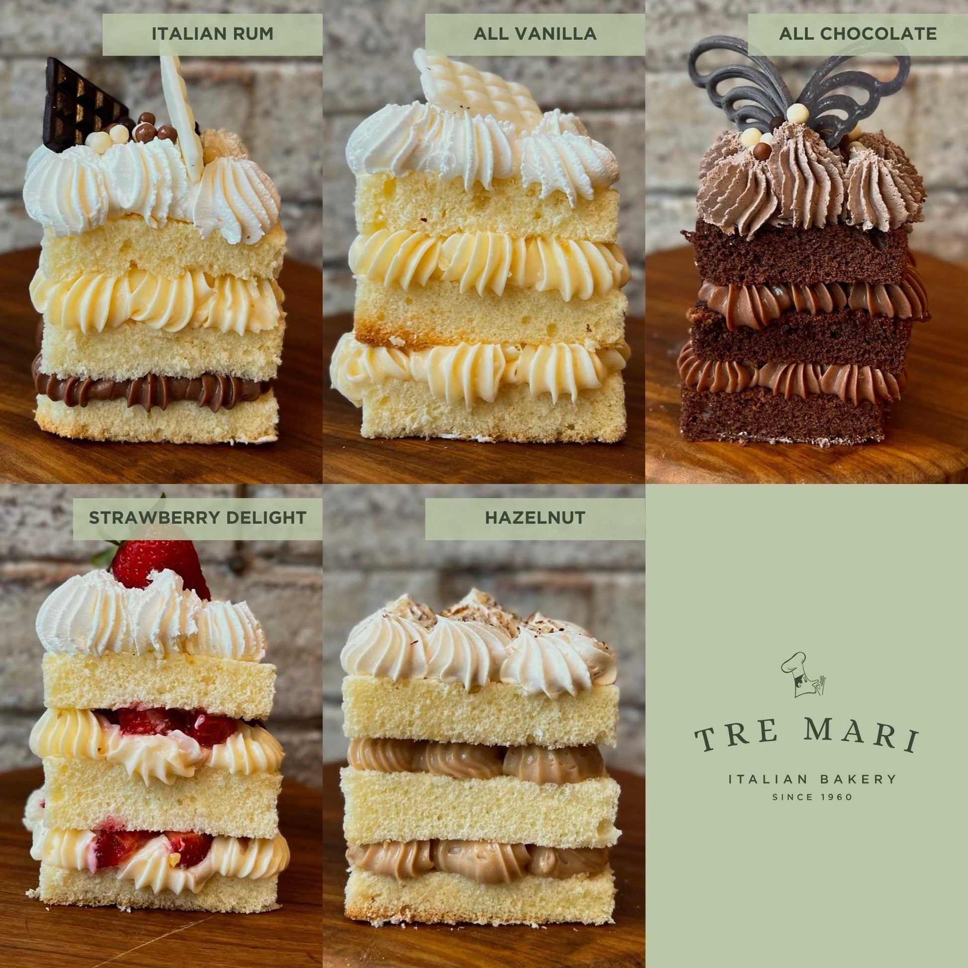 Side view of 5 cake flavours