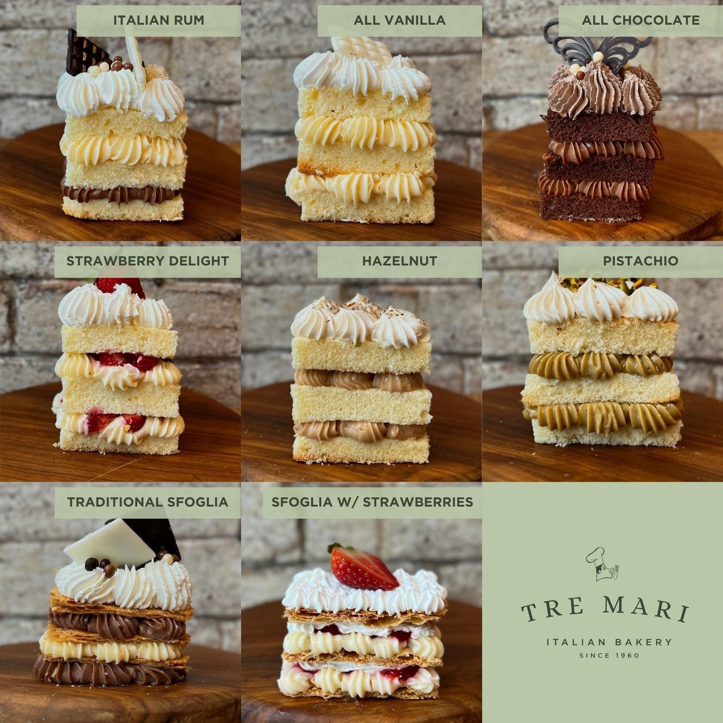 Side view of 8 flavours of cake