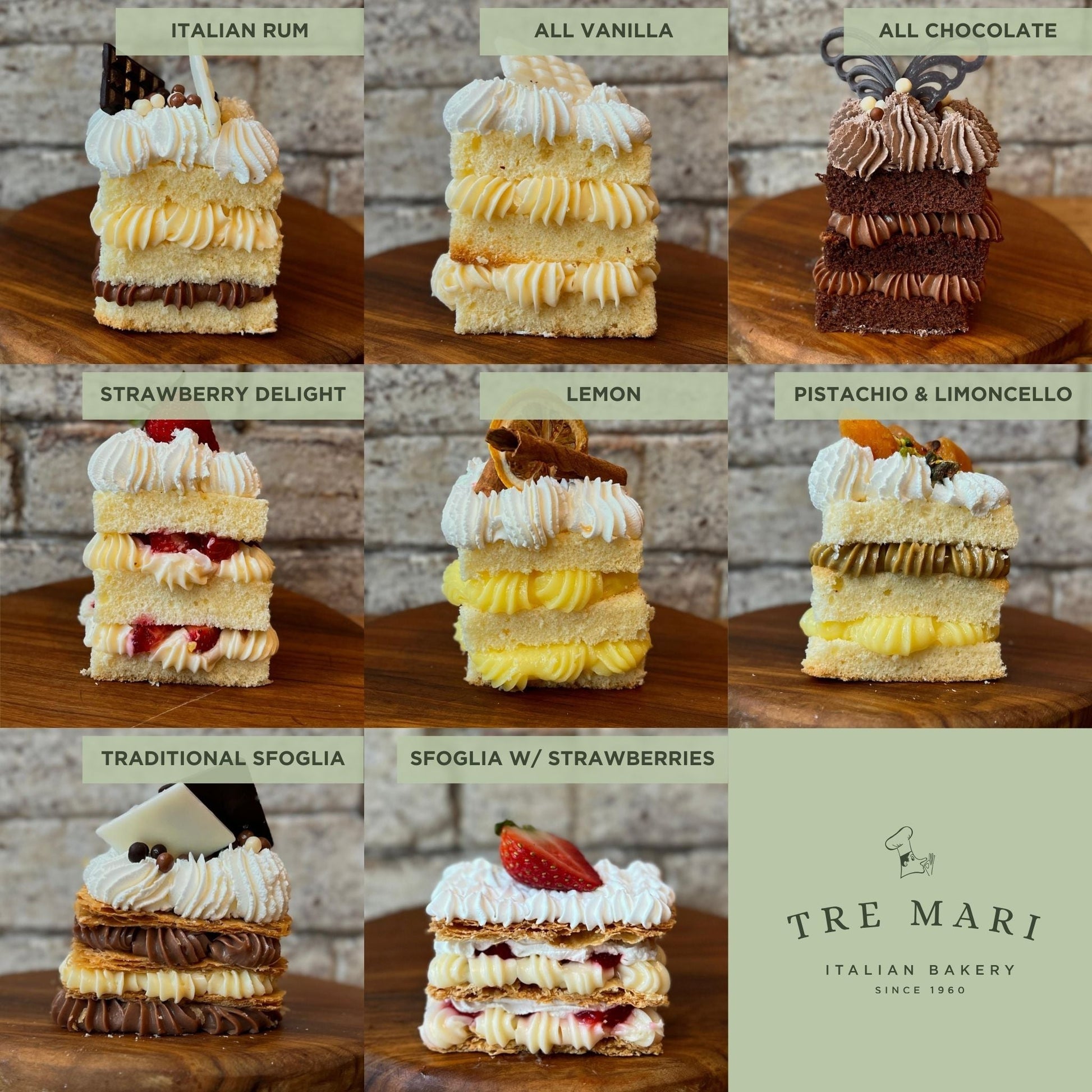 Side view of 8 flavours of cake
