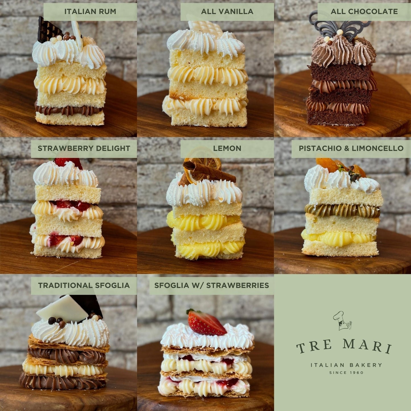 Side view of 8 flavours of cake