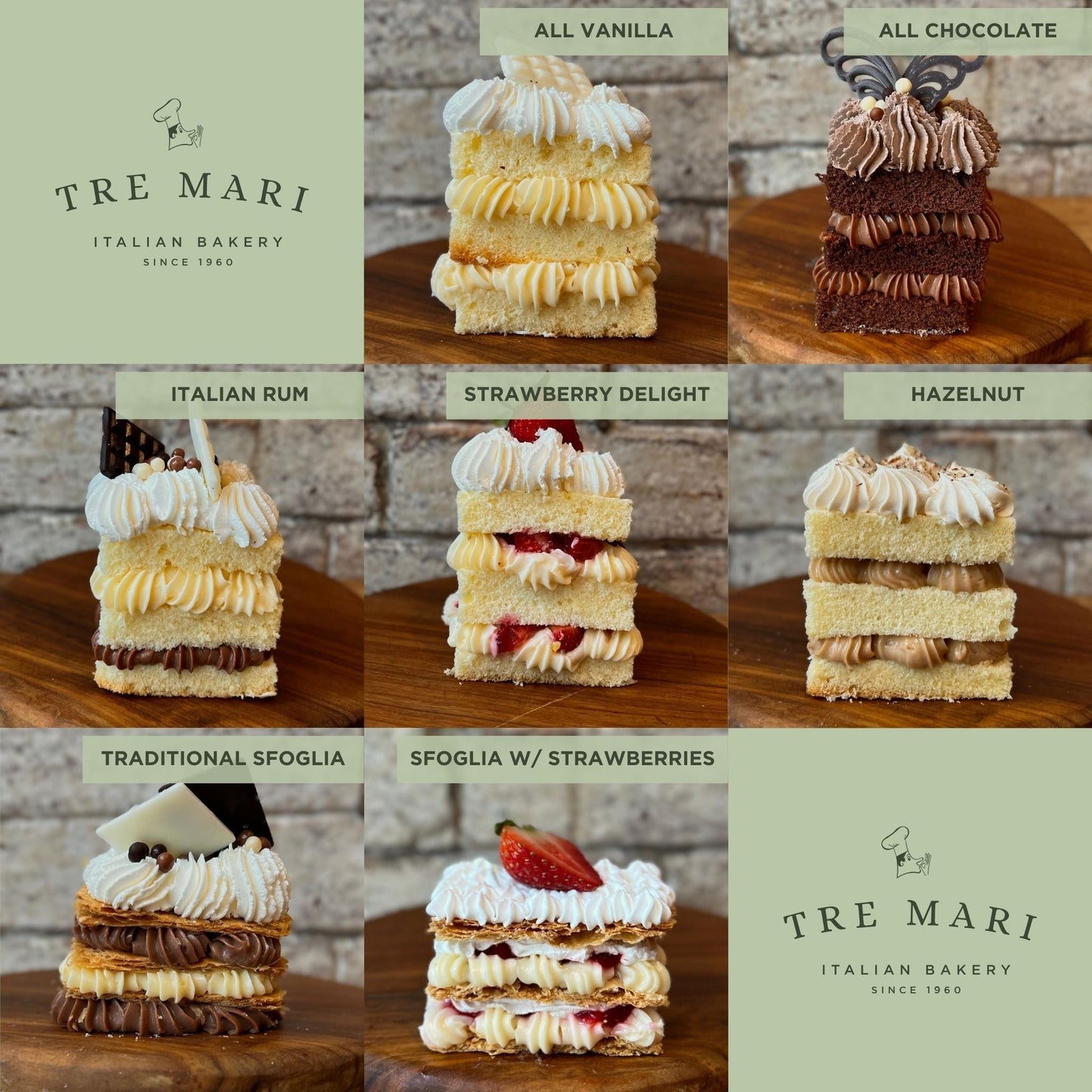 Side view of 7 flavours of cake