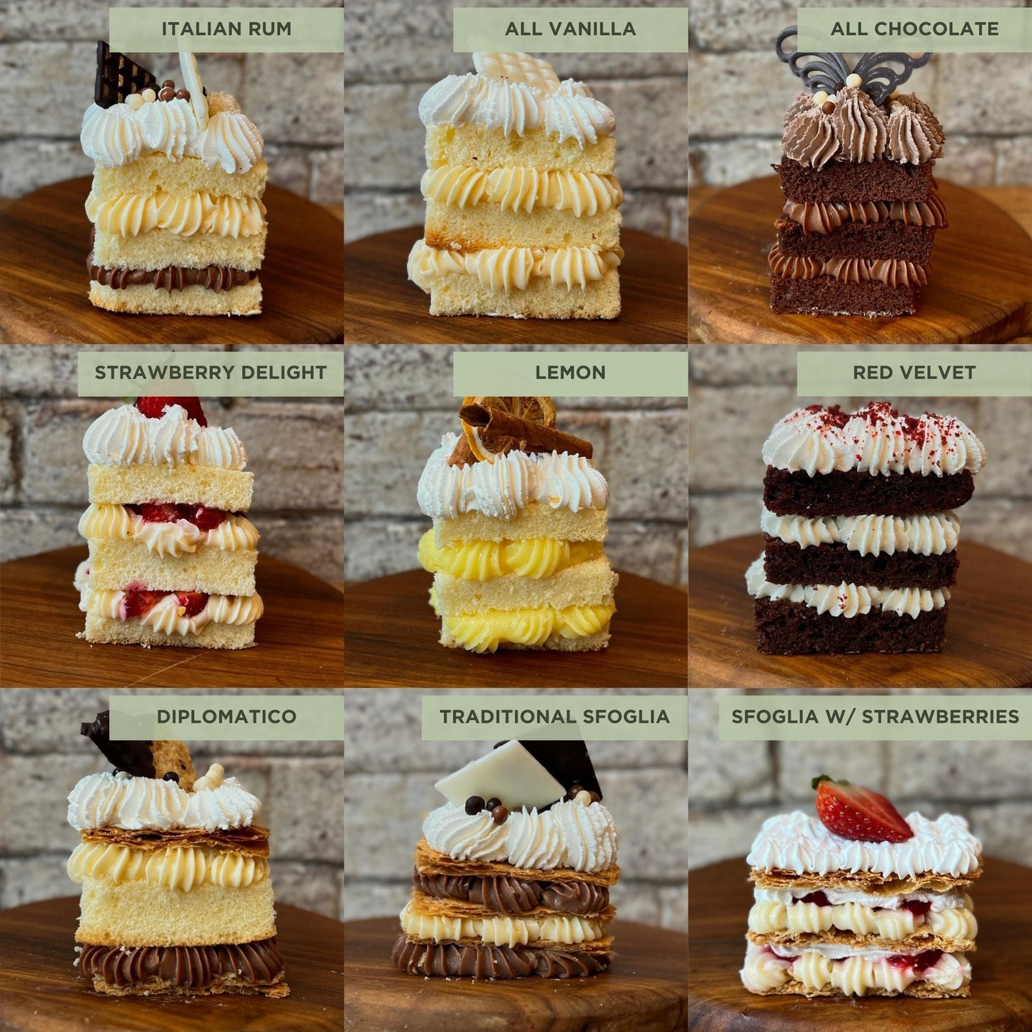 Side view of 9 slices of cake