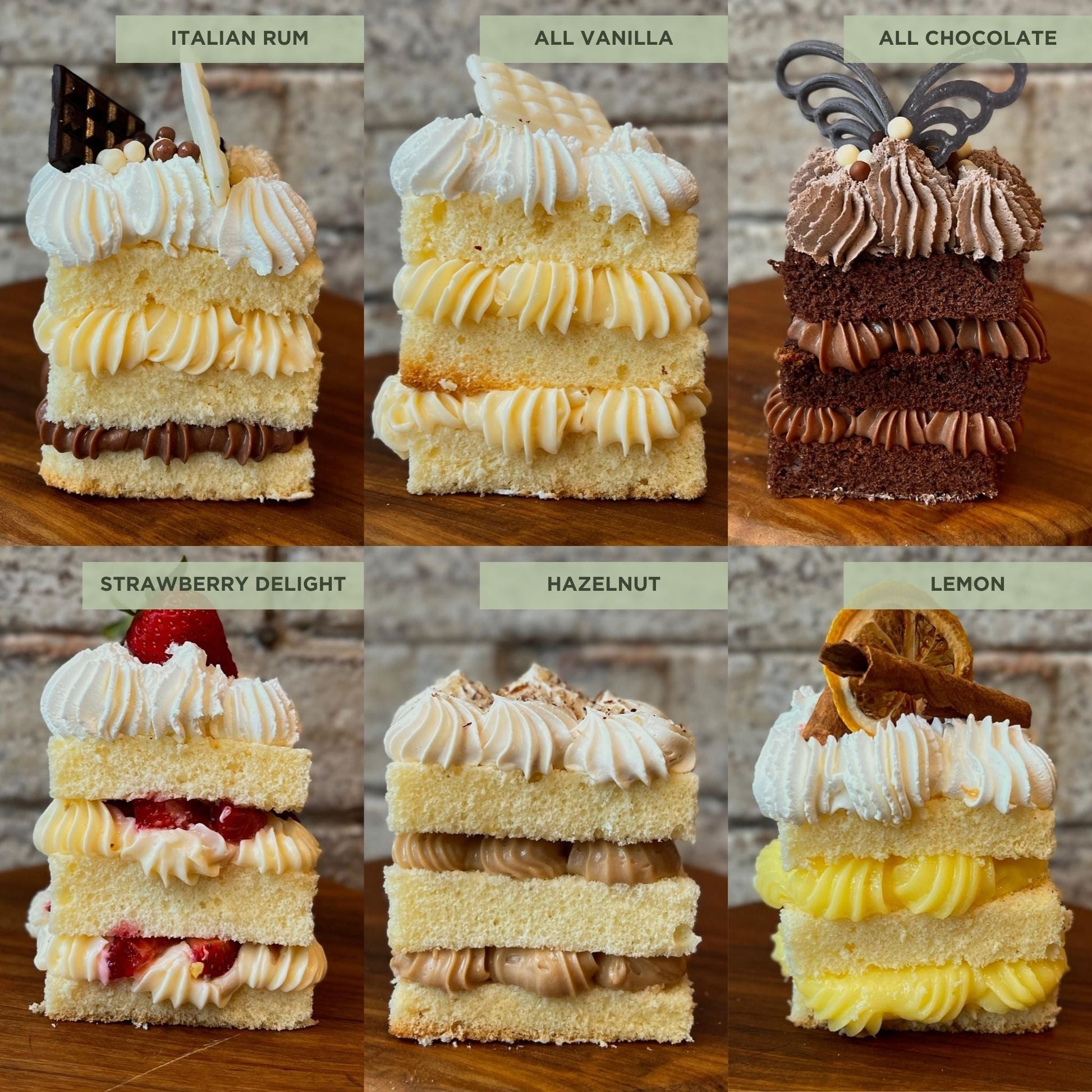 Side view of 6 flavours of cake