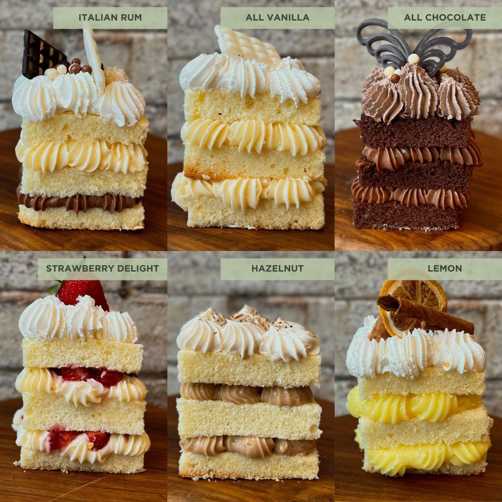 Side view of 6 flavours of cake