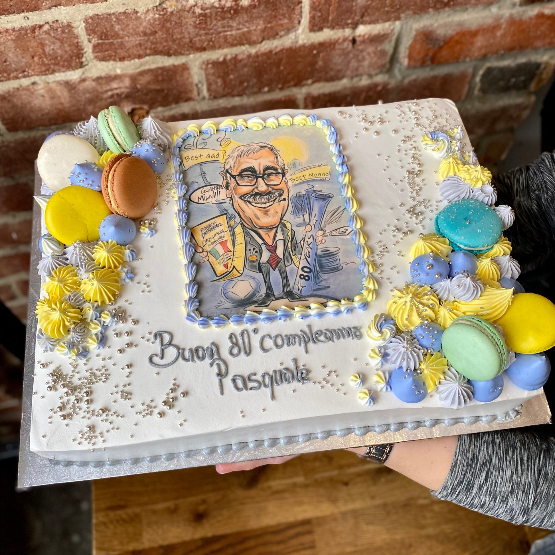 Sheet cake with cartoon printed image and macarons