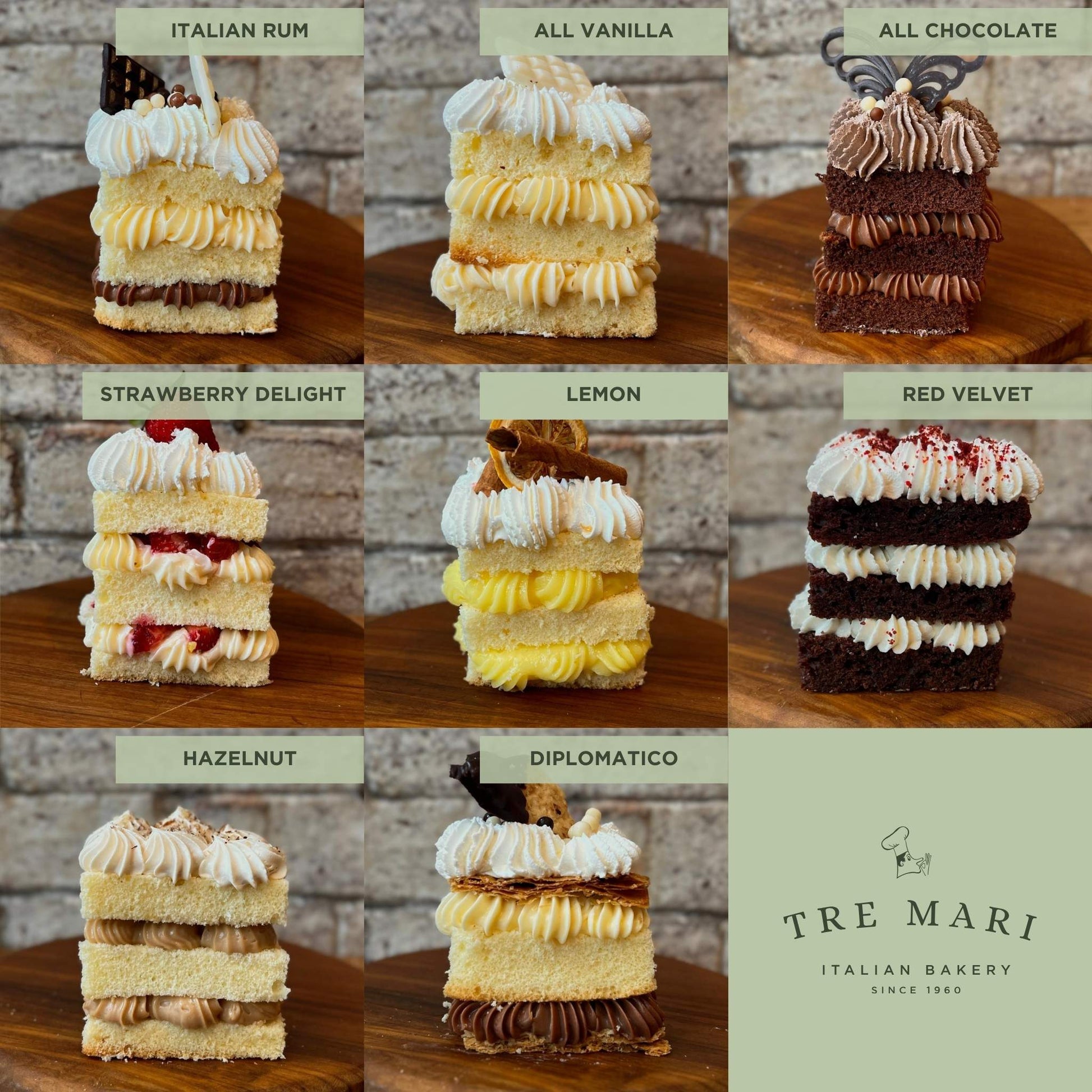 Side view of 9 flavours of cake