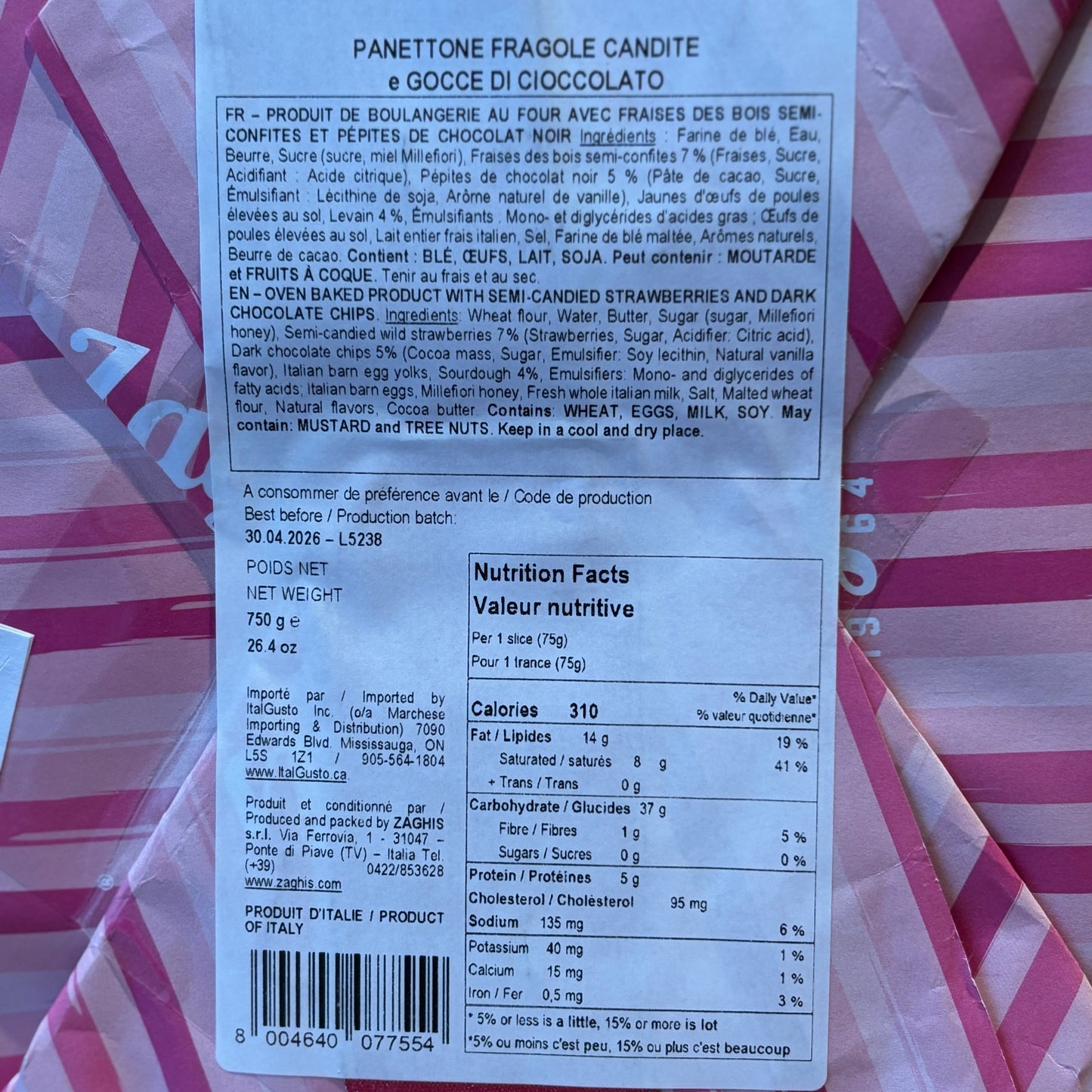 Zaghis Panettone Strawberries and Dark Chocolate Chips