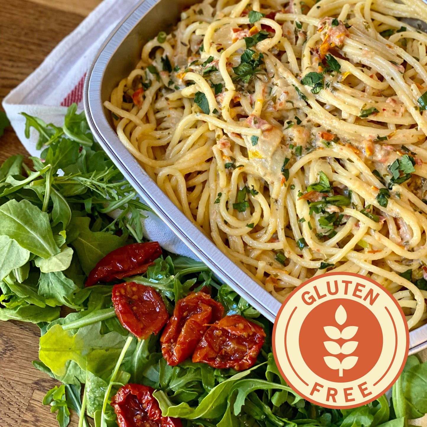 Gluten Free Spaghetti with Sundried Tomatoes & Arugula