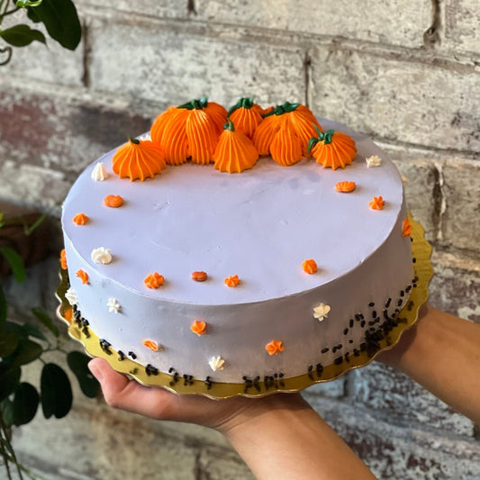 Lavender Halloween Cake with Orange Pumpkin Patch