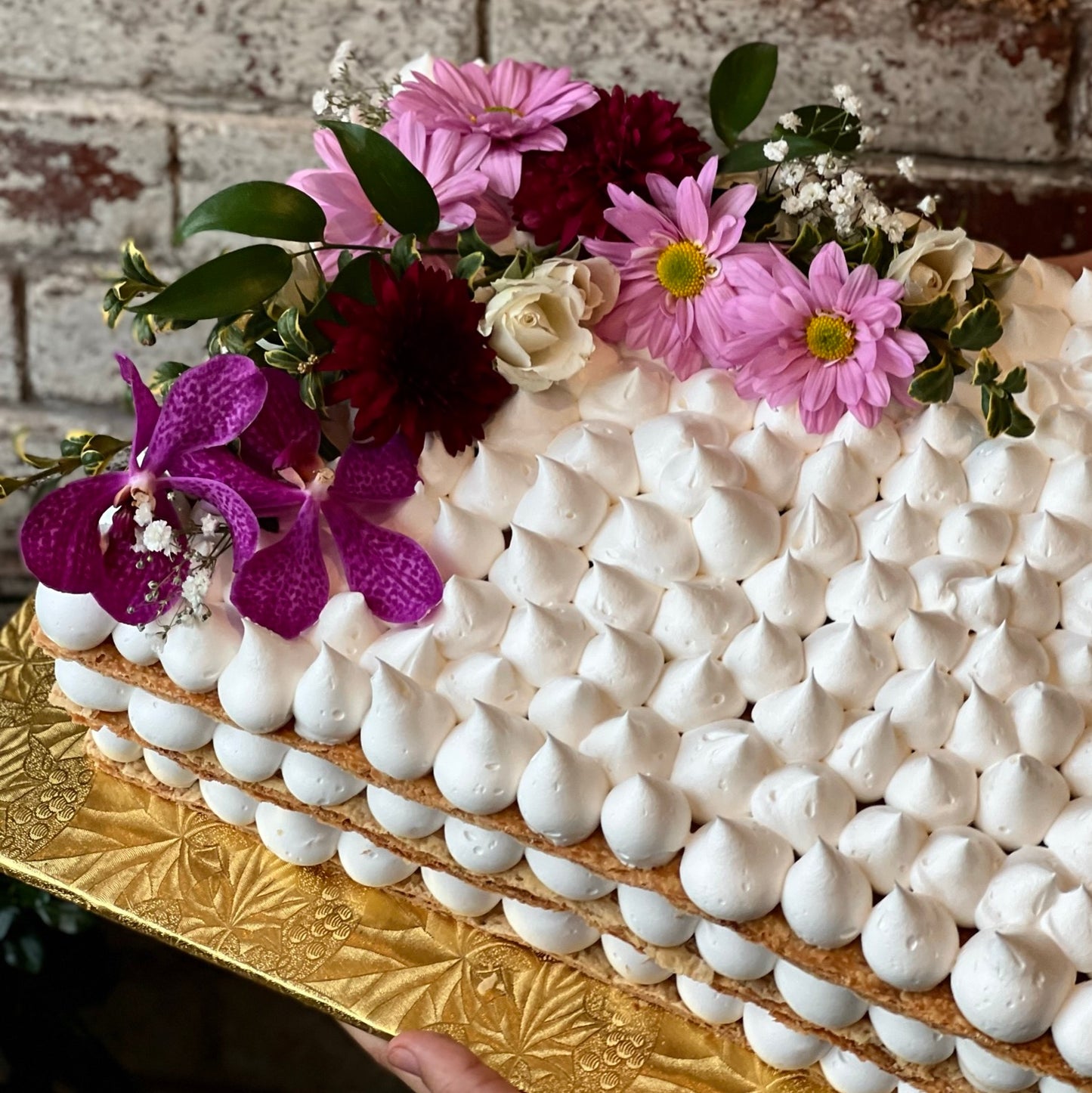 Sheet cake with dollops of fresh flowers