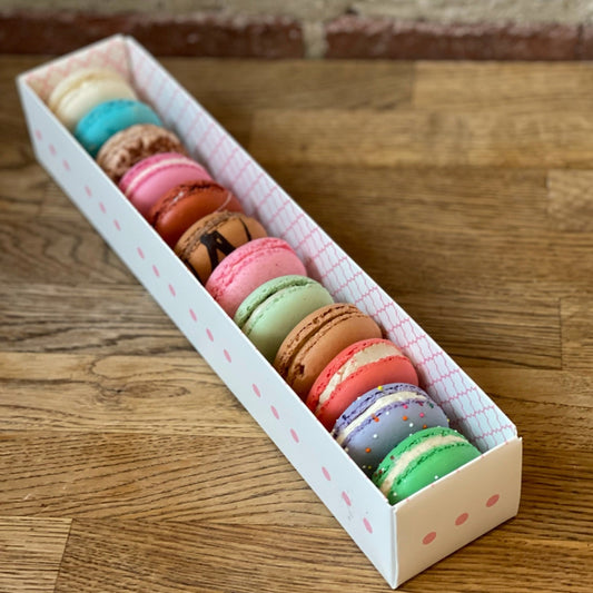 Box of assorted flavours of macarons