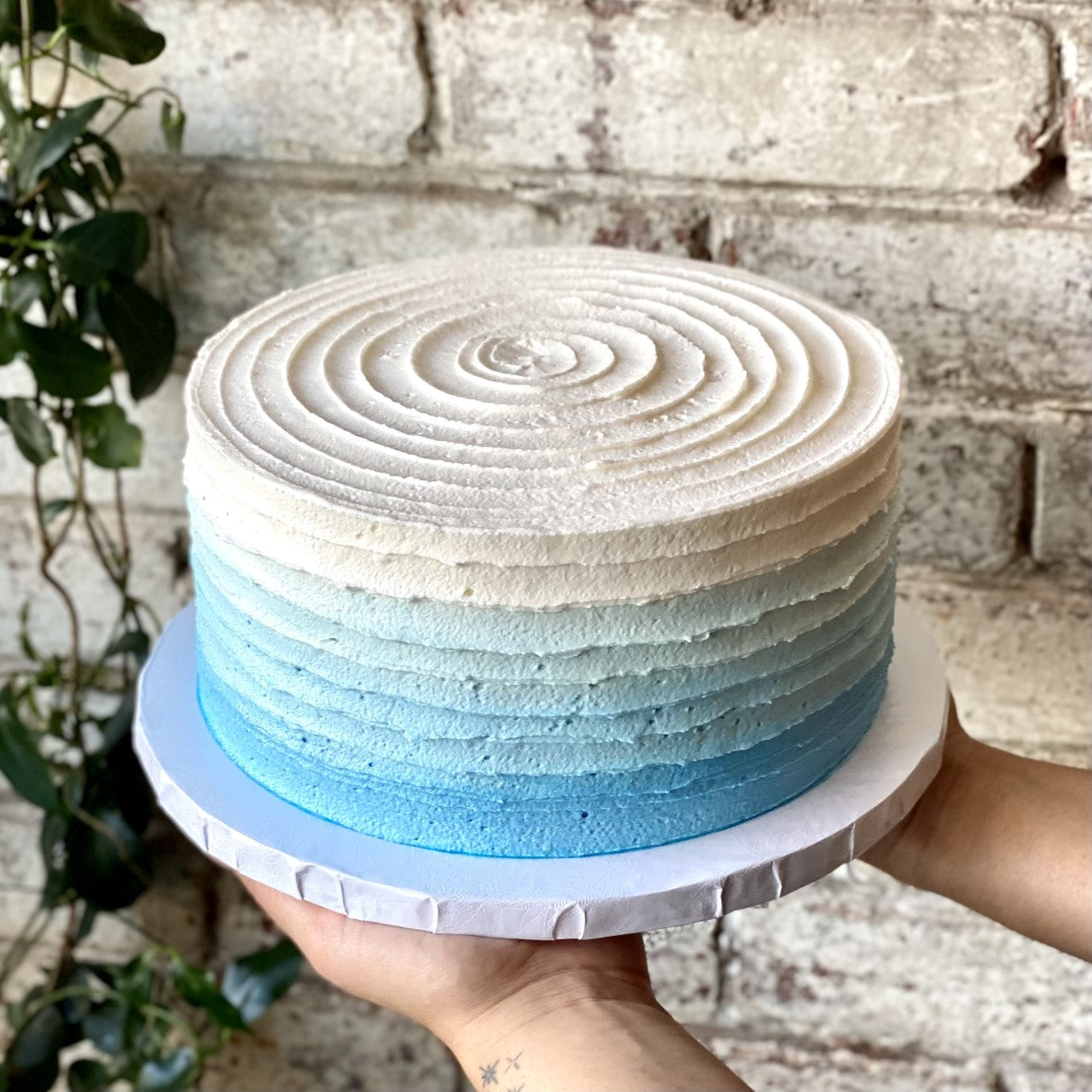 Rustic cake with light blue to white ombre